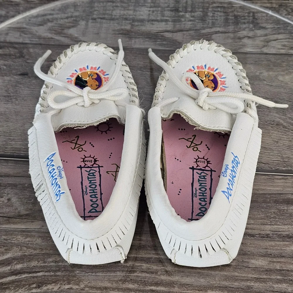 Vintage Disney Pocahontas Moccasins White‎ Leather Fringe Shoes Toddler Girls  7